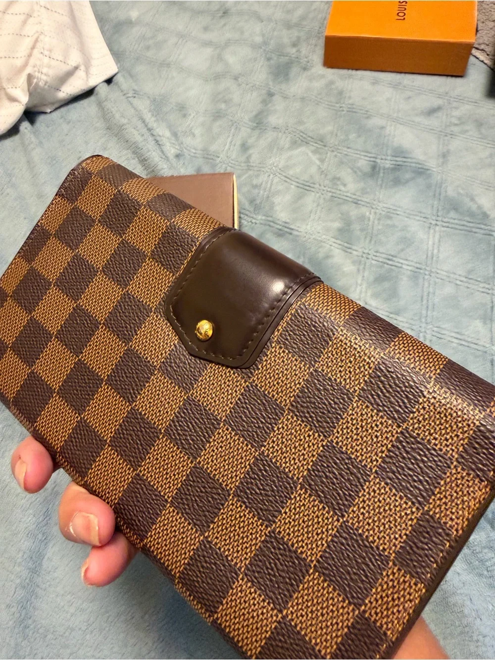 Louis Vuitton Damier Ebene Brown Check Canvas Clutch Wallet with Gold Hardware
